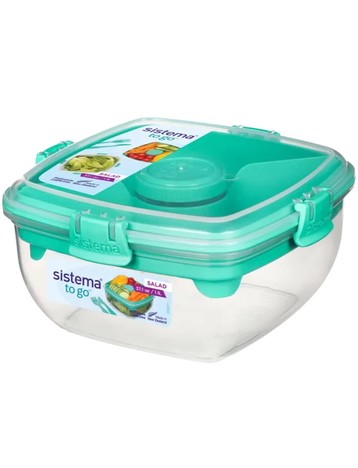 כלי אחסון מחולק לסלט 1.1 ליטר + סכין ומזלג, תא אחסון ומיכל לרוטב