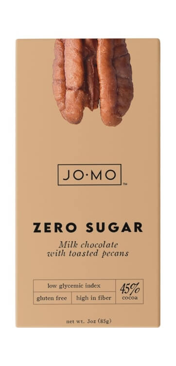 Dairy-free, sugar-free chocolate bar with toasted pecan pieces. Dairy-free, sugar-free chocolate