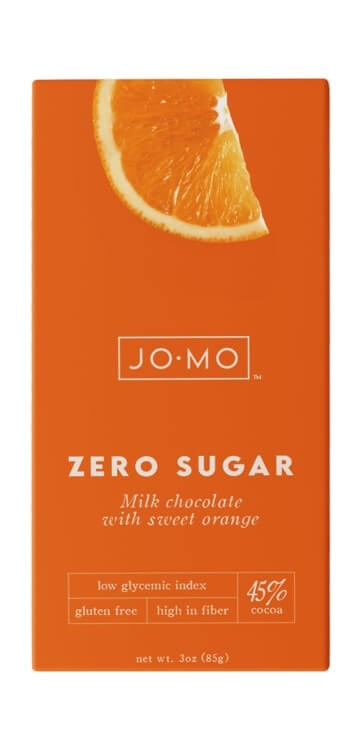 Chocolate bar style, dairy-free and sugar-free, orange flavor. Chocolate without dairy and sugar